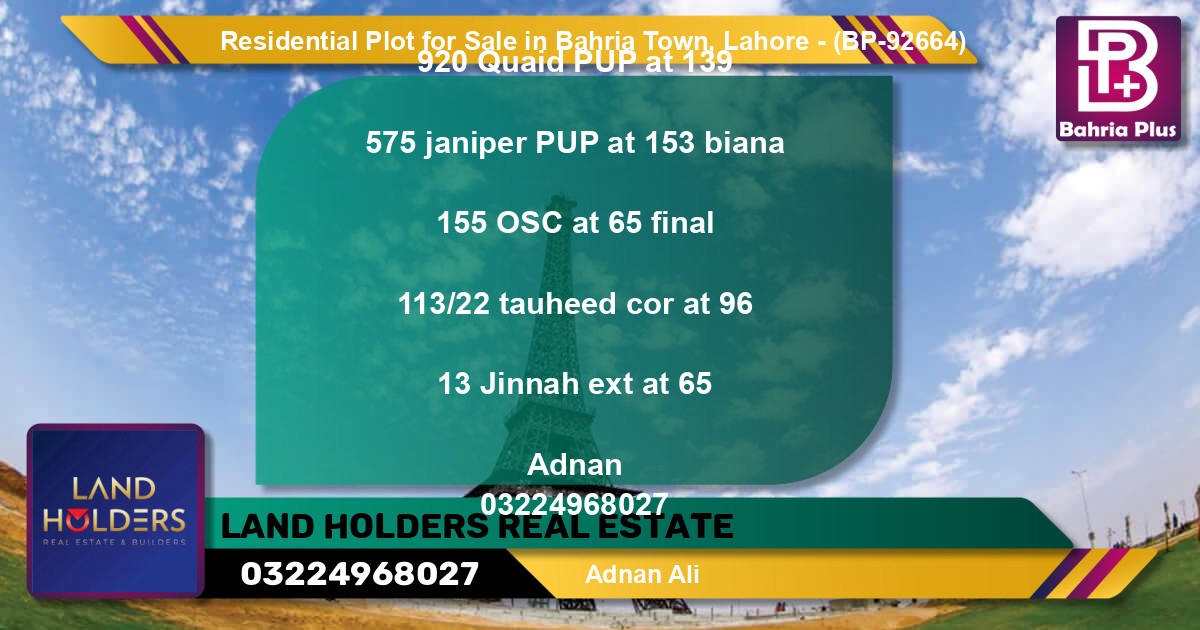 Residential Plot for Sale in Bahria Town, Lahore - (BP-92664)