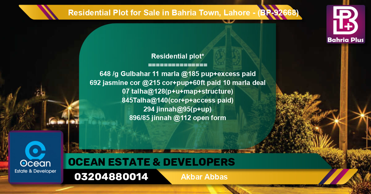 Residential Plot for Sale in Bahria Town, Lahore - (BP-92668)