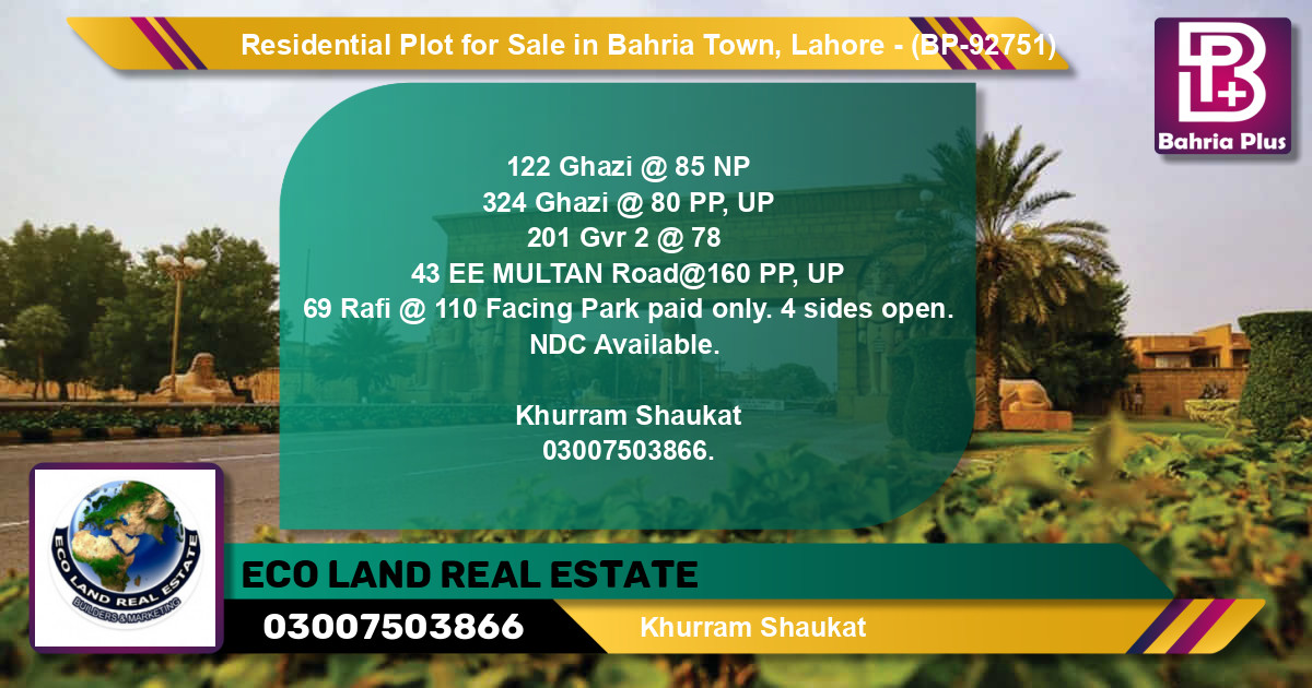 Residential Plot for Sale in Bahria Town, Lahore - (BP-92751)