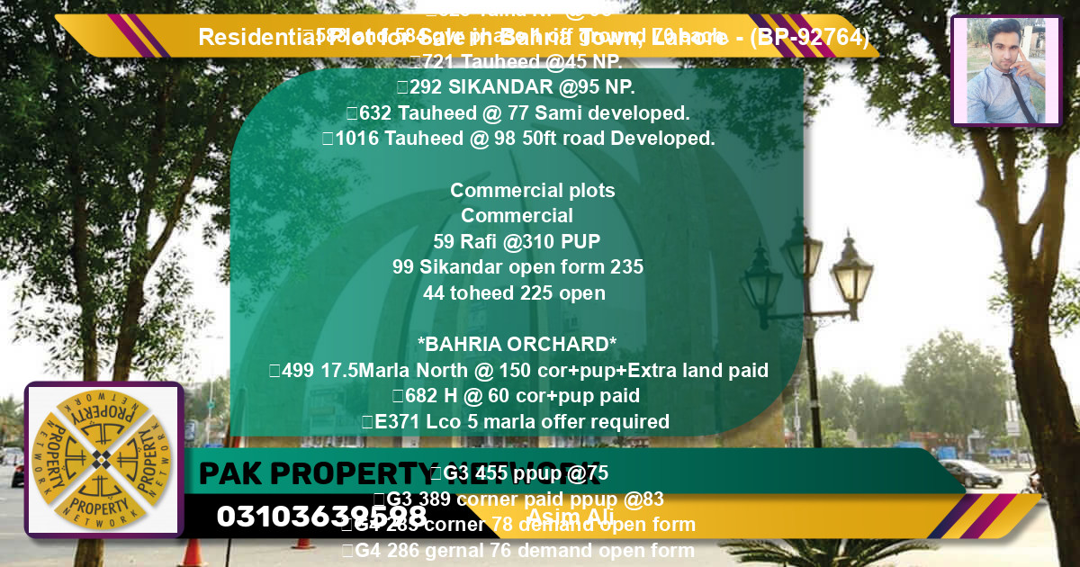 Residential Plot for Sale in Bahria Town, Lahore - (BP-92764)