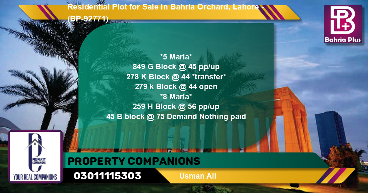 Residential Plot for Sale in Bahria Orchard, Lahore - (BP-92771)