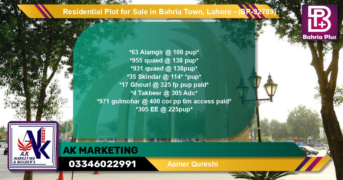 Residential Plot for Sale in Bahria Town, Lahore - (BP-92789)
