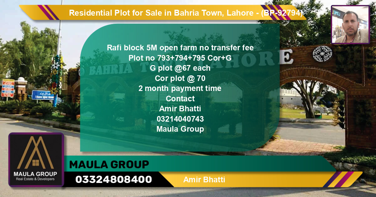 Residential Plot for Sale in Bahria Town, Lahore - (BP-92794)