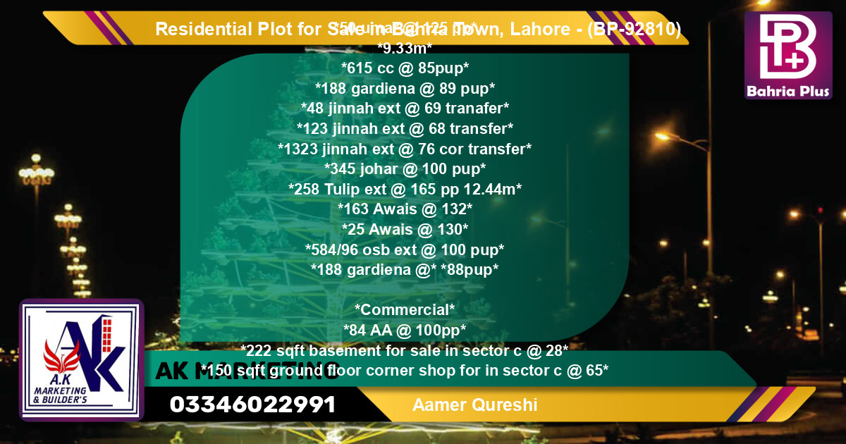 Residential Plot for Sale in Bahria Town, Lahore - (BP-92810)