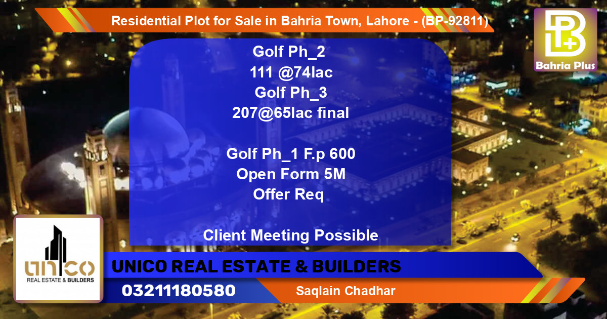 Residential Plot for Sale in Bahria Town, Lahore - (BP-92811)