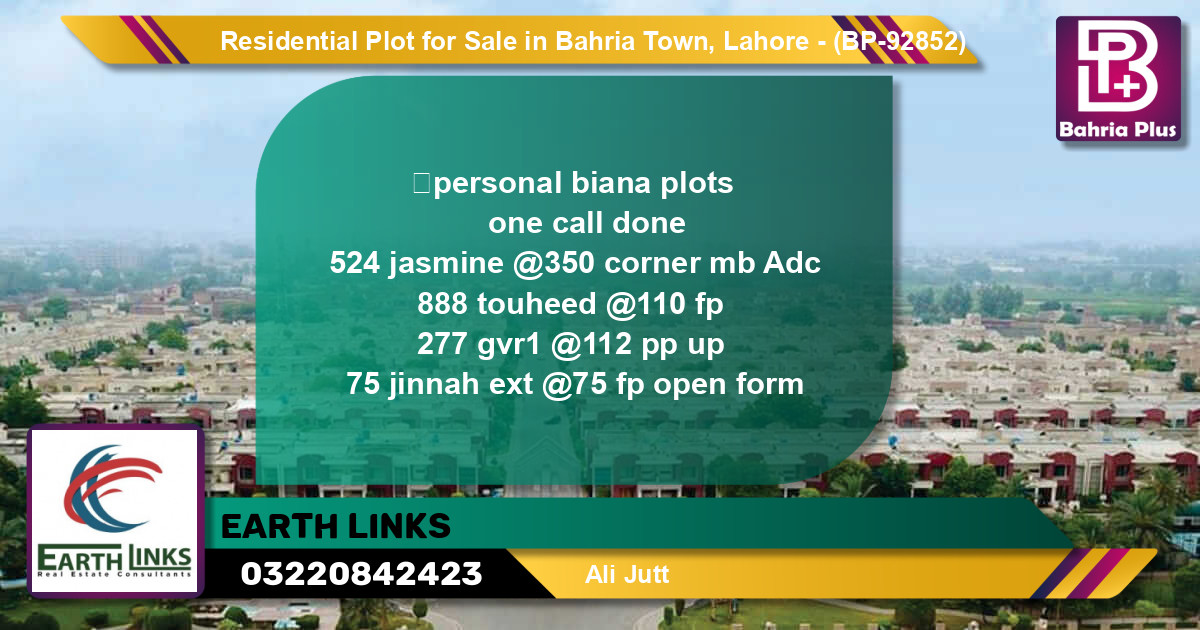 Residential Plot for Sale in Bahria Town, Lahore - (BP-92852)