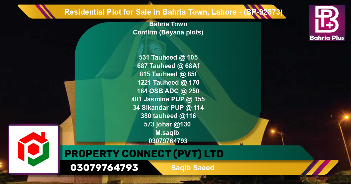 Residential Plot for Sale in Bahria Town, Lahore - (BP-92873)