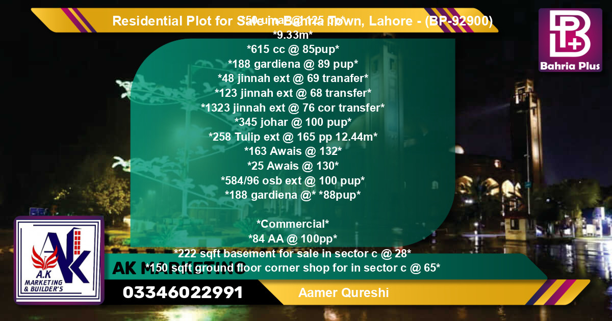 Residential Plot for Sale in Bahria Town, Lahore - (BP-92900)