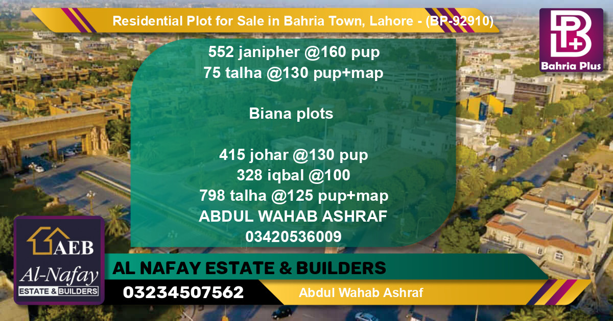 Residential Plot for Sale in Bahria Town, Lahore - (BP-92910)