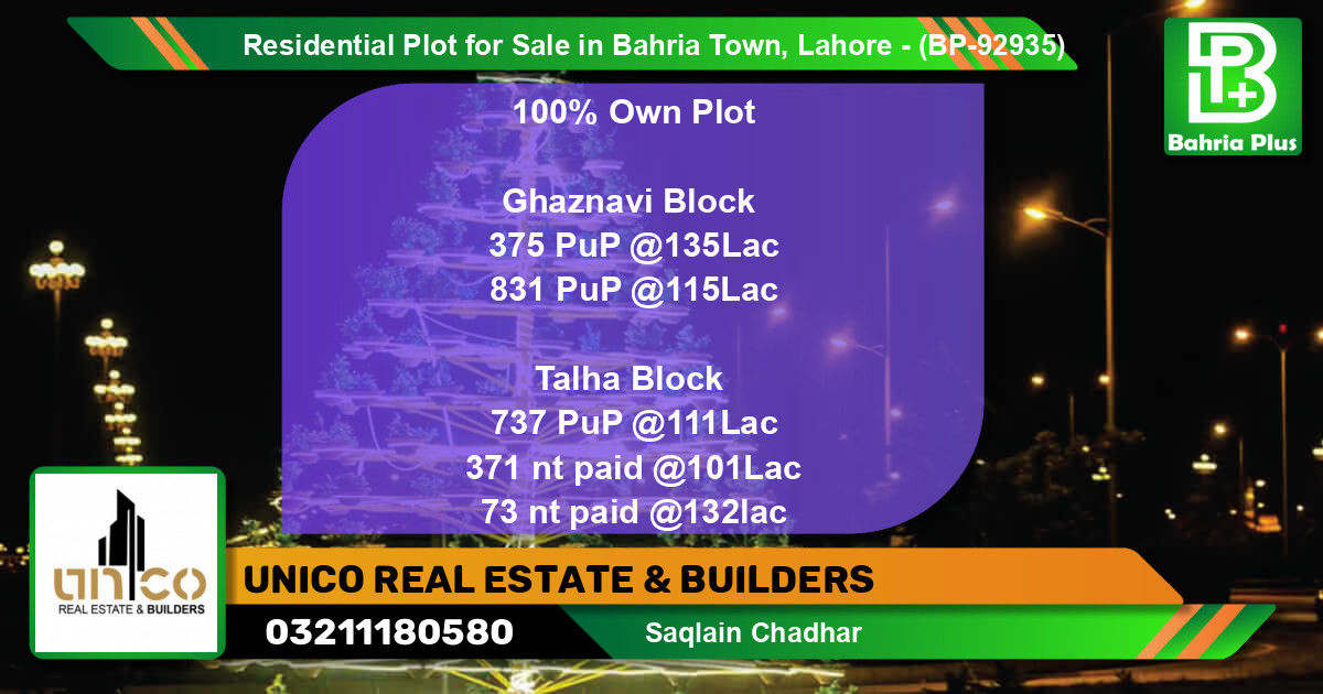Residential Plot for Sale in Bahria Town, Lahore - (BP-92935)