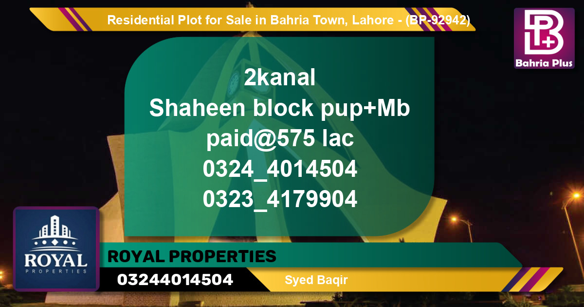 Residential Plot for Sale in Bahria Town, Lahore - (BP-92942)