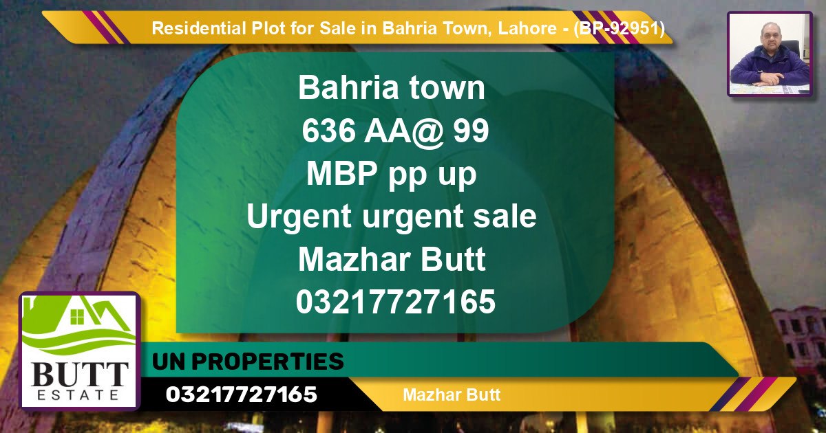 Residential Plot for Sale in Bahria Town, Lahore - (BP-92951)