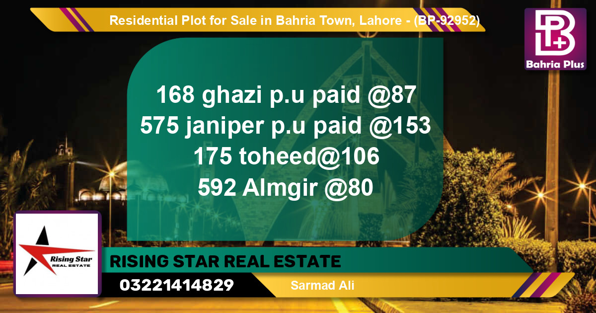 Residential Plot for Sale in Bahria Town, Lahore - (BP-92952)