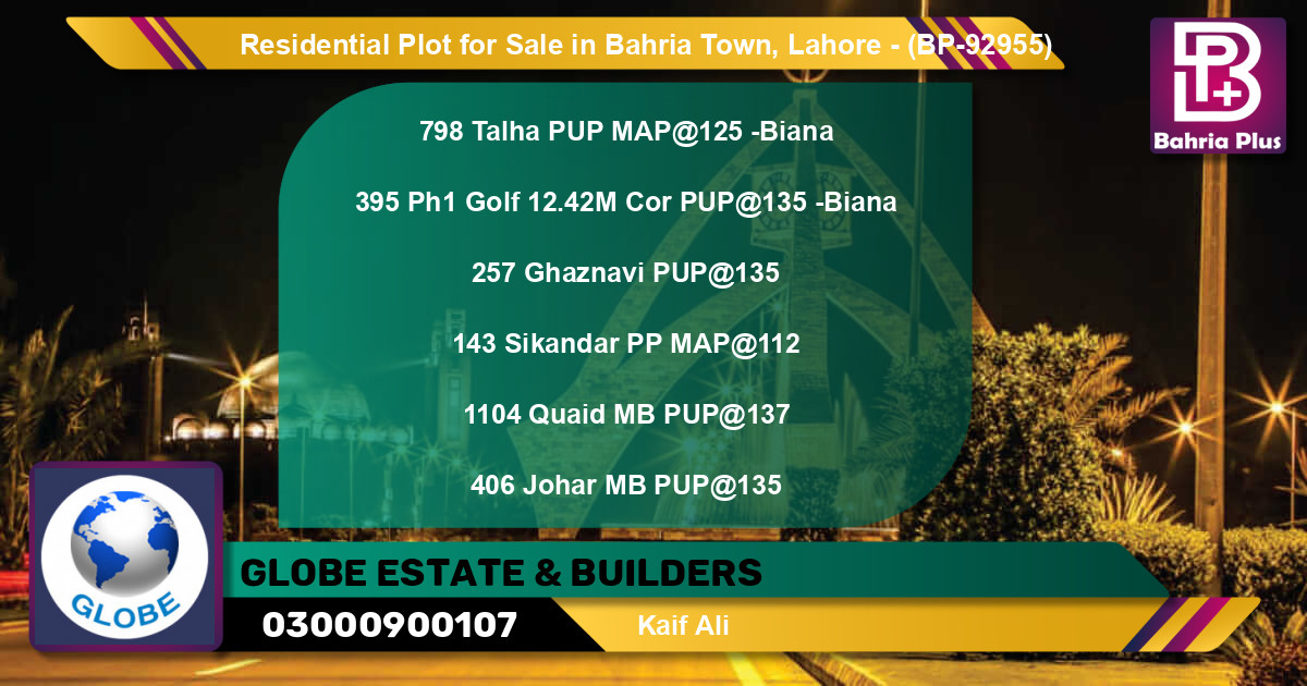 Residential Plot for Sale in Bahria Town, Lahore - (BP-92955)