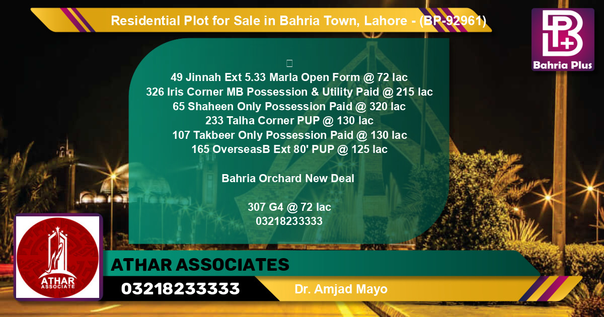 Residential Plot for Sale in Bahria Town, Lahore - (BP-92961)