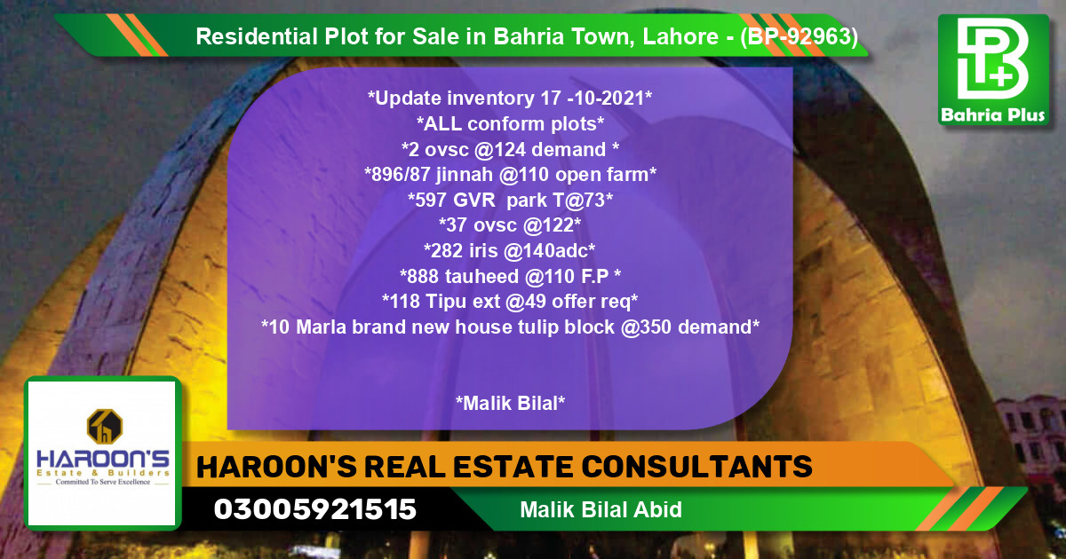 Residential Plot for Sale in Bahria Town, Lahore - (BP-92963)