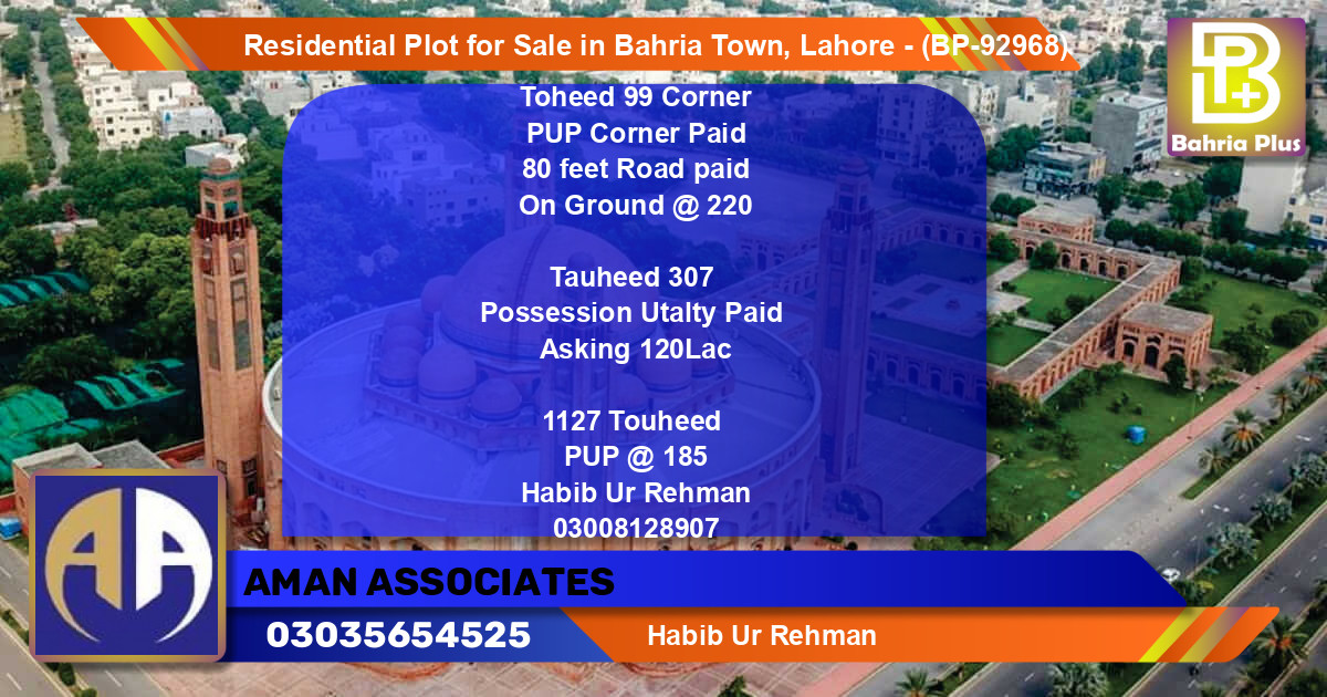 Residential Plot for Sale in Sector F - Tauheed Block -  Bahria Town, Lahore - (BP-92968)