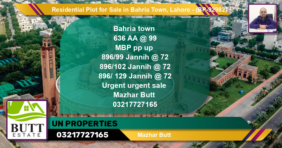 Residential Plot for Sale in Bahria Town, Lahore - (BP-92982)