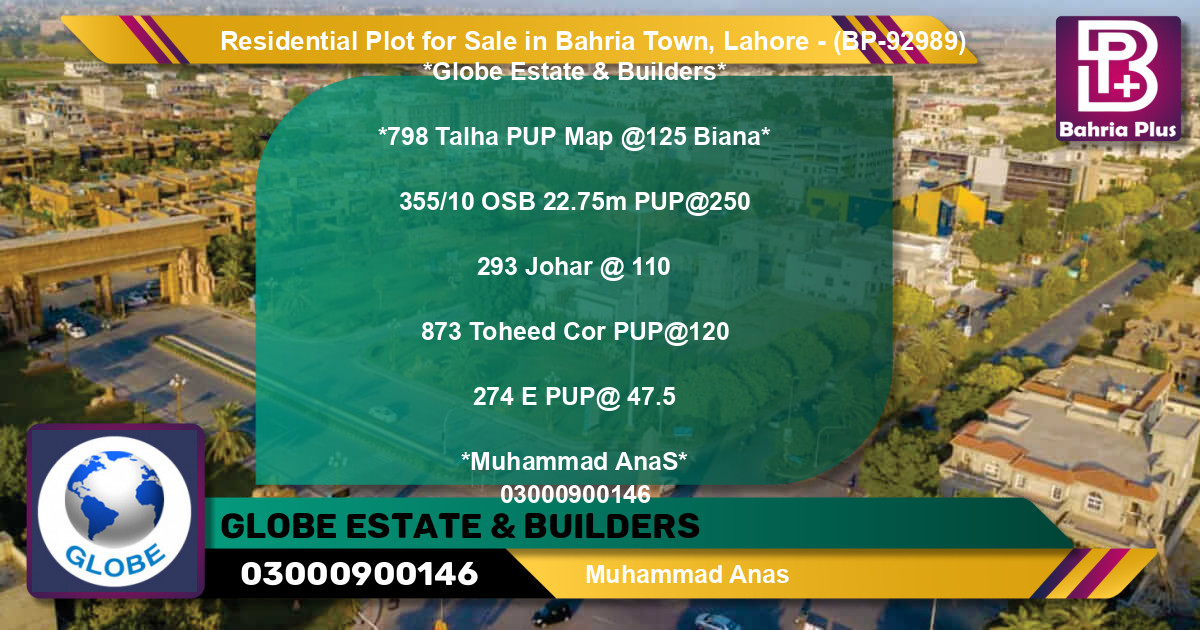 Residential Plot for Sale in Bahria Town, Lahore - (BP-92989)