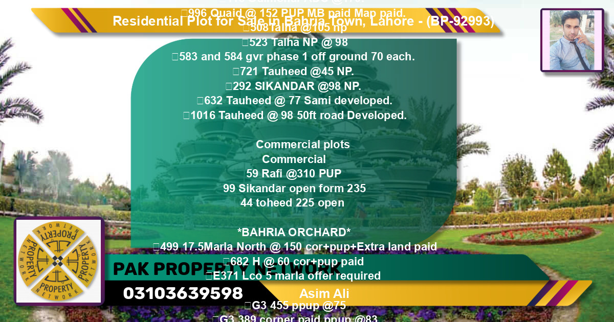 Residential Plot for Sale in Bahria Town, Lahore - (BP-92993)