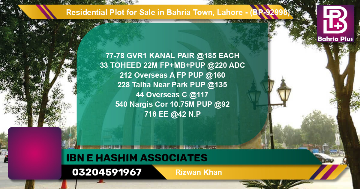 Residential Plot for Sale in Bahria Town, Lahore - (BP-92998)