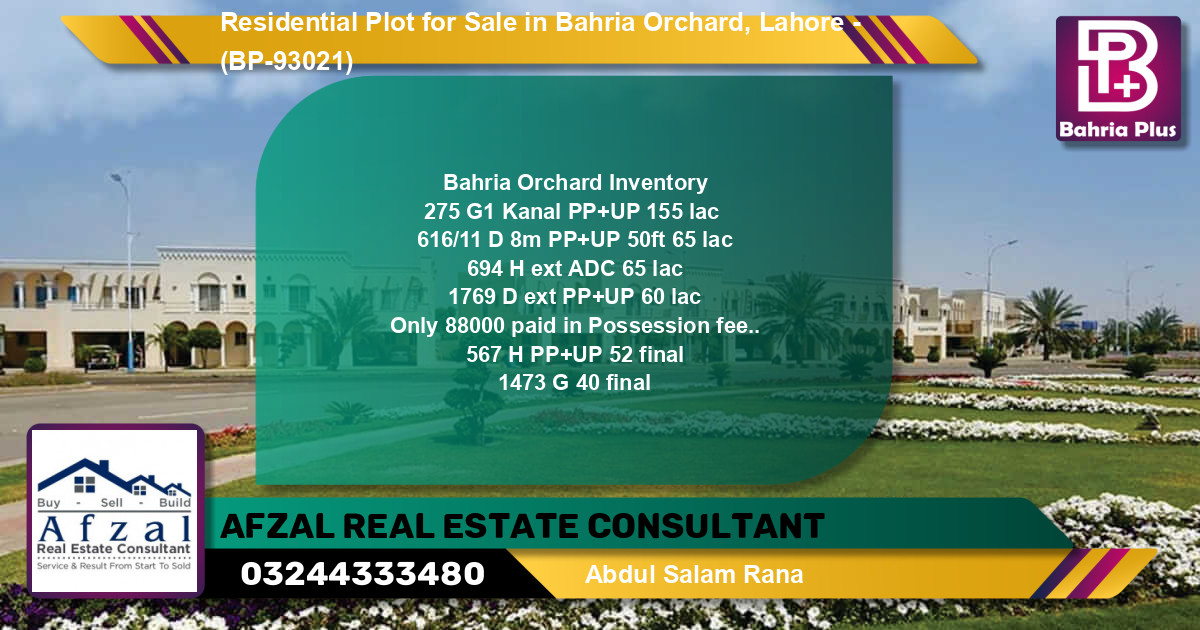 Residential Plot for Sale in Bahria Orchard, Lahore - (BP-93021)