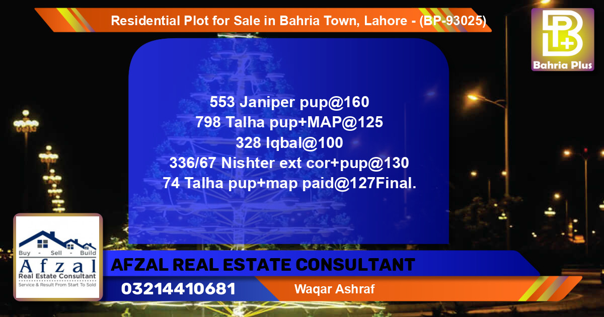 Residential Plot for Sale in Bahria Town, Lahore - (BP-93025)