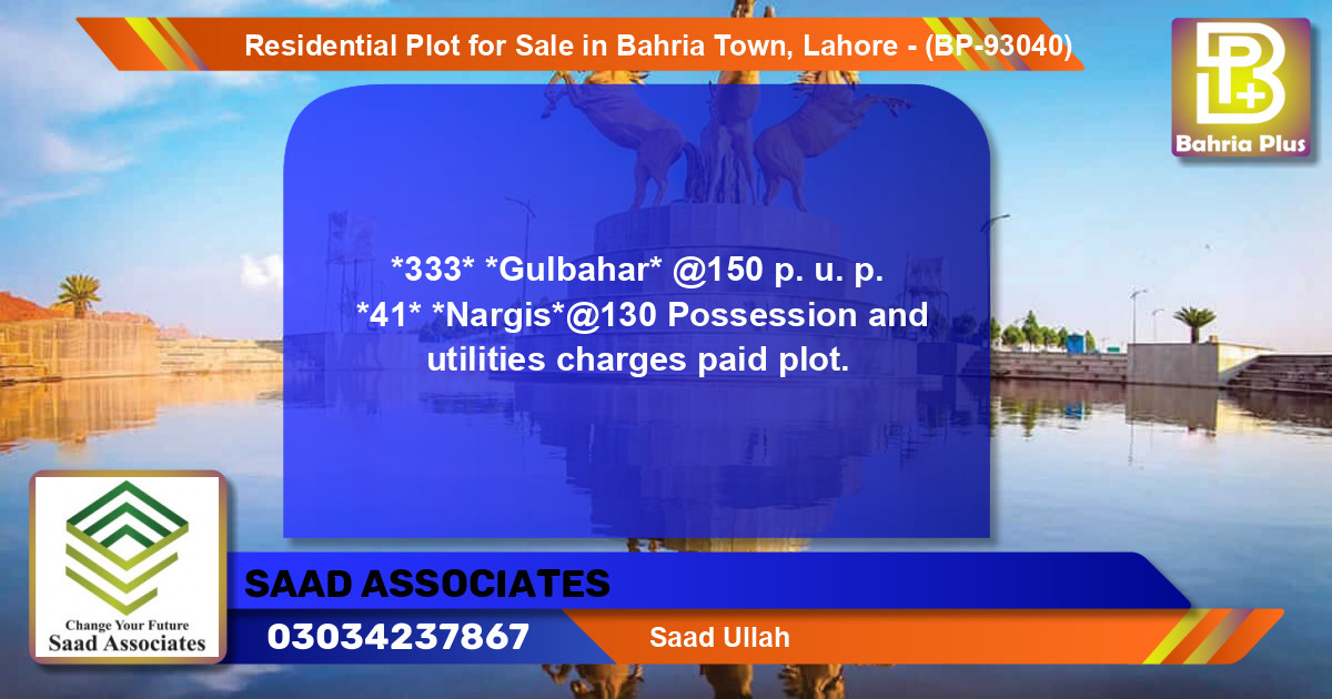 Residential Plot for Sale in Bahria Town, Lahore - (BP-93040)