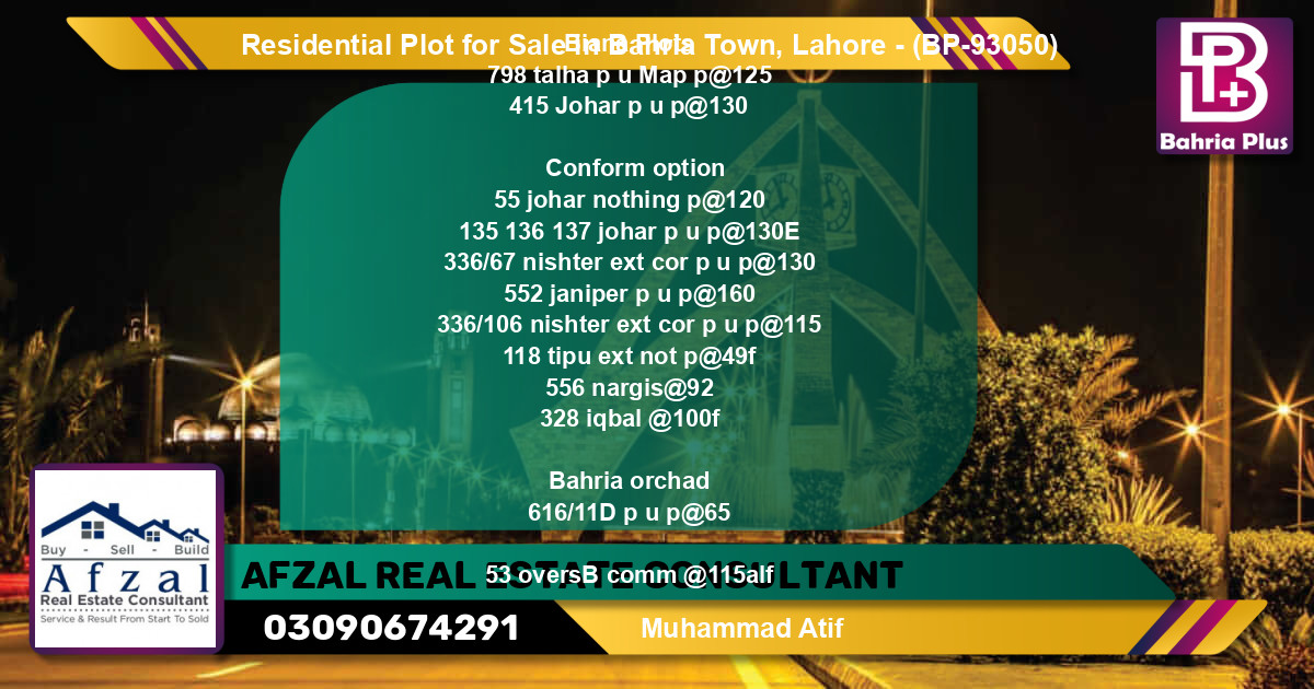 Residential Plot for Sale in Bahria Town, Lahore - (BP-93050)