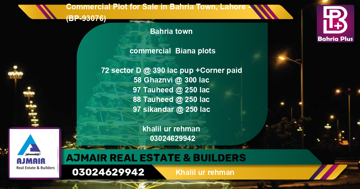 Commercial Plot for Sale in Bahria Town, Lahore - (BP-93076)