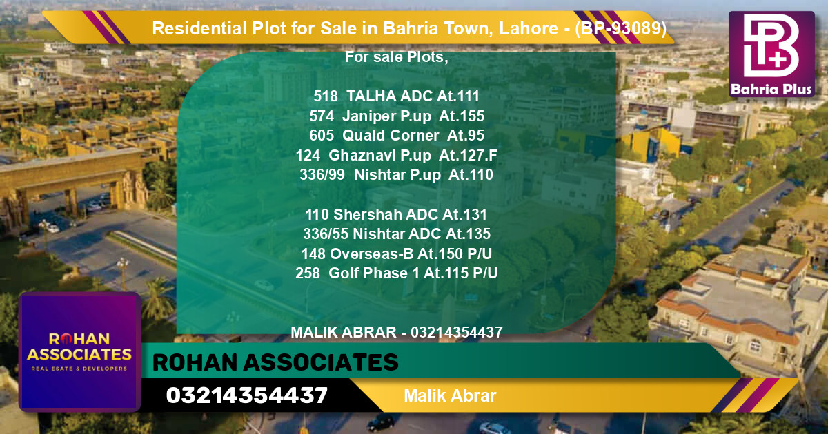 Residential Plot for Sale in Bahria Town, Lahore - (BP-93089)