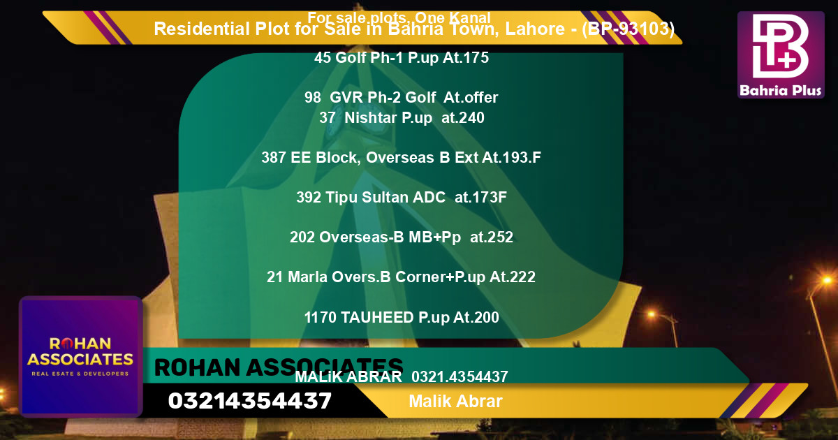 Residential Plot for Sale in Bahria Town, Lahore - (BP-93103)