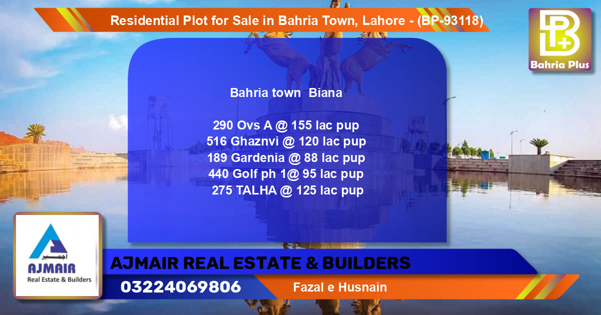 Residential Plot for Sale in Bahria Town, Lahore - (BP-93118)