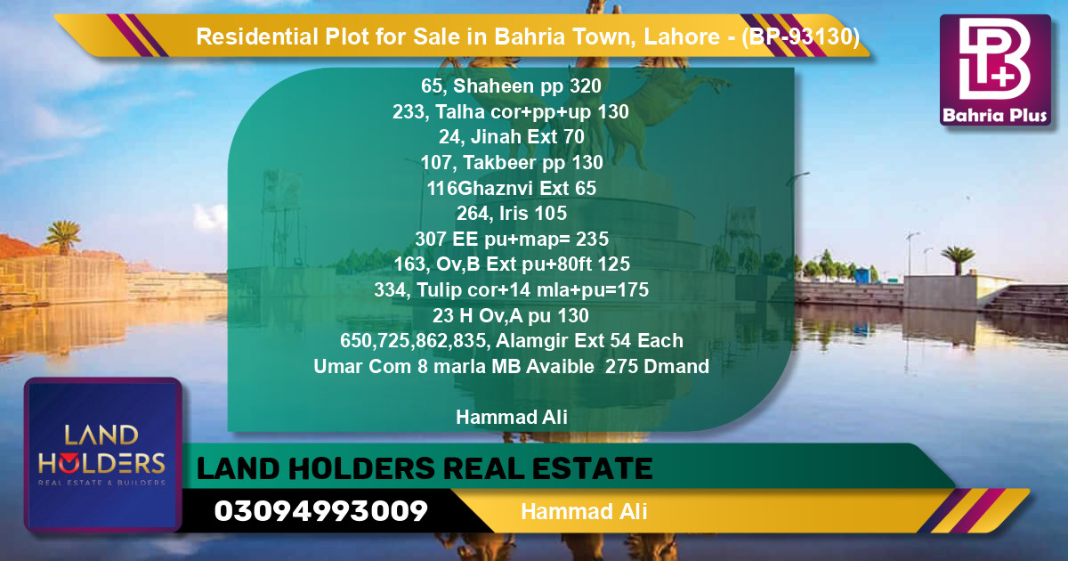 Residential Plot for Sale in Bahria Town, Lahore - (BP-93130)