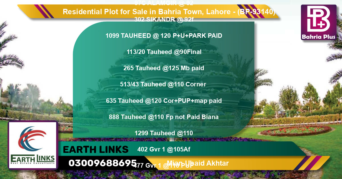 Residential Plot for Sale in Bahria Town, Lahore - (BP-93140)