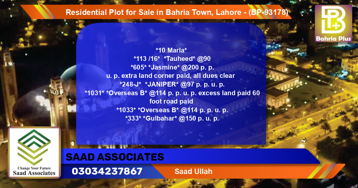 Residential Plot for Sale in Bahria Town, Lahore - (BP-93178)