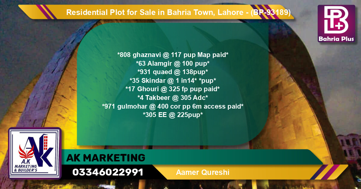 Residential Plot for Sale in Bahria Town, Lahore - (BP-93189)