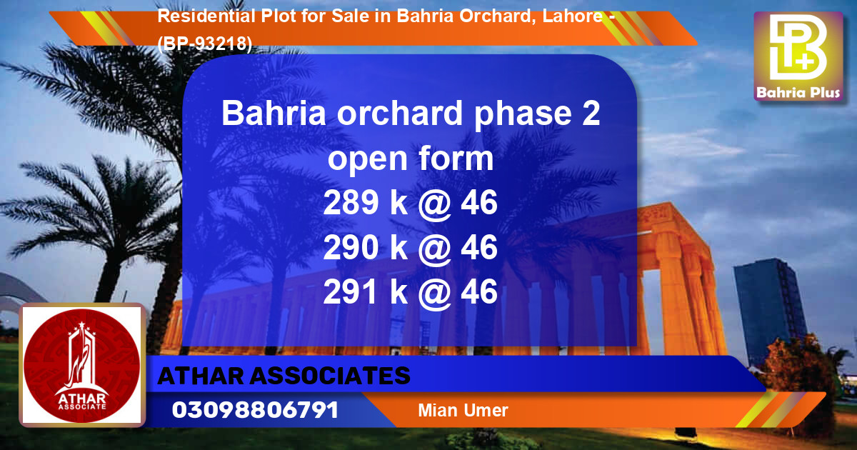 Residential Plot for Sale in Bahria Orchard, Lahore - (BP-93218)