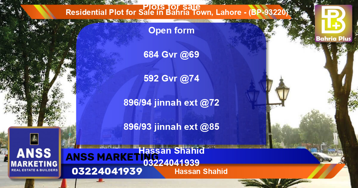 Residential Plot for Sale in Bahria Town, Lahore - (BP-93220)