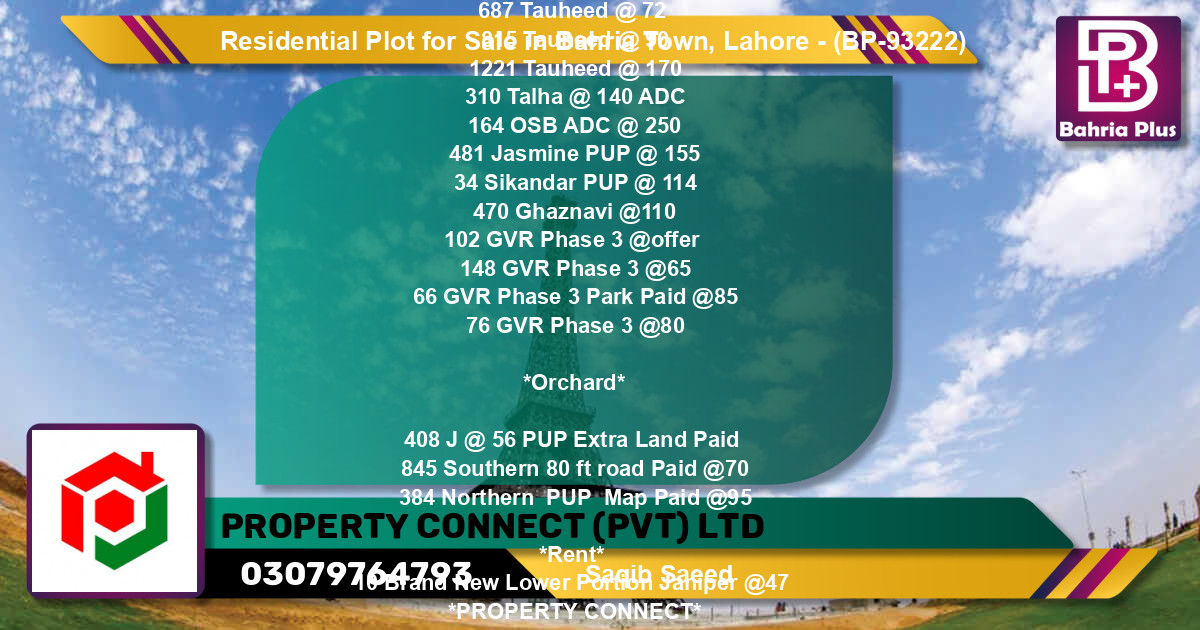 Residential Plot for Sale in Bahria Town, Lahore - (BP-93222)