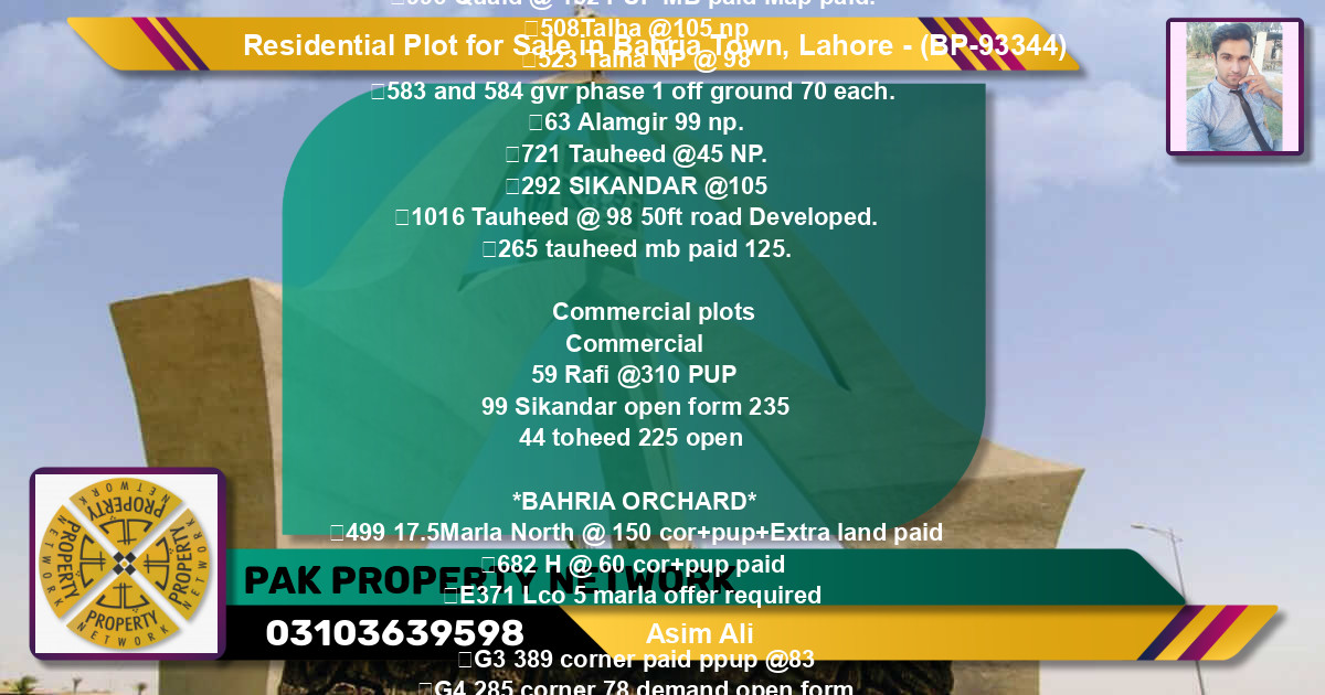 Residential Plot for Sale in Bahria Town, Lahore - (BP-93344)