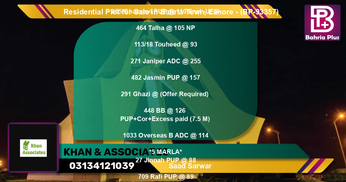 Residential Plot for Sale in Bahria Town, Lahore - (BP-93357)
