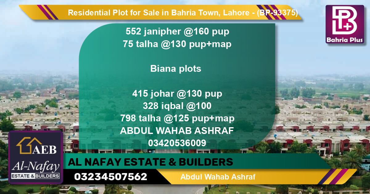 Residential Plot for Sale in Bahria Town, Lahore - (BP-93375)