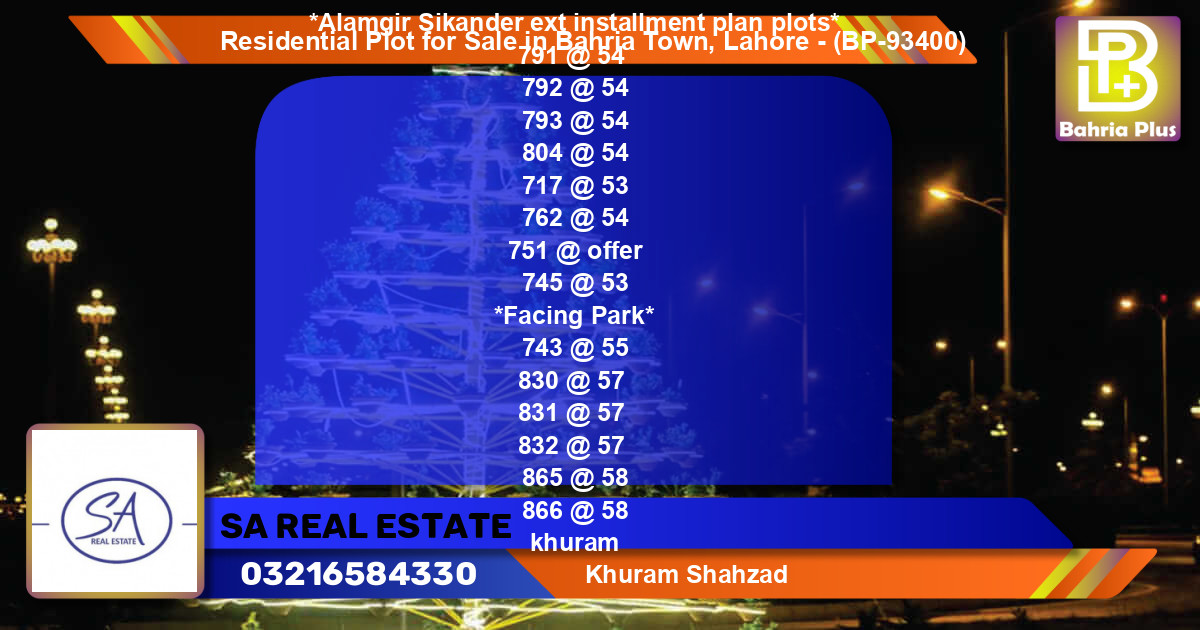 Residential Plot for Sale in Bahria Town, Lahore - (BP-93400)