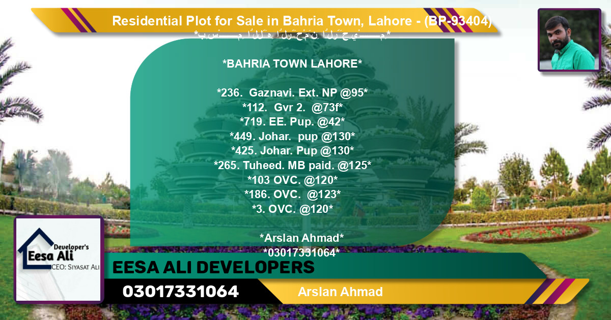Residential Plot for Sale in Bahria Town, Lahore - (BP-93404)