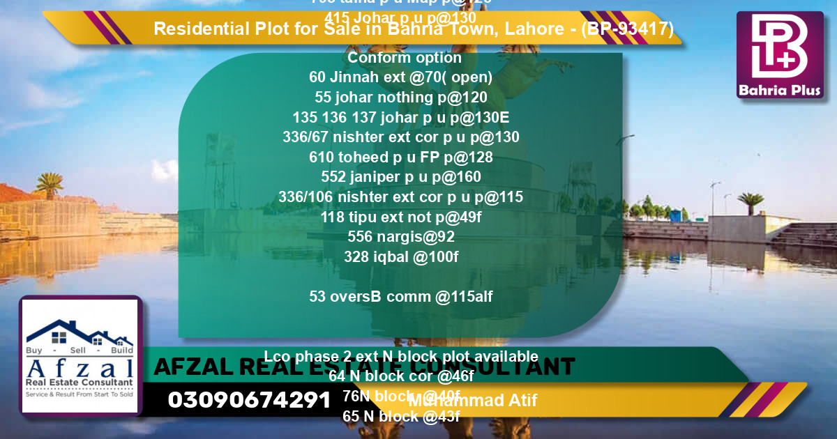 Residential Plot for Sale in Bahria Town, Lahore - (BP-93417)