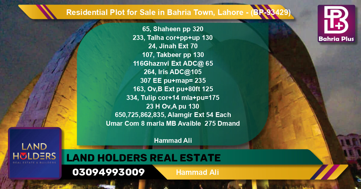 Residential Plot for Sale in Bahria Town, Lahore - (BP-93429)