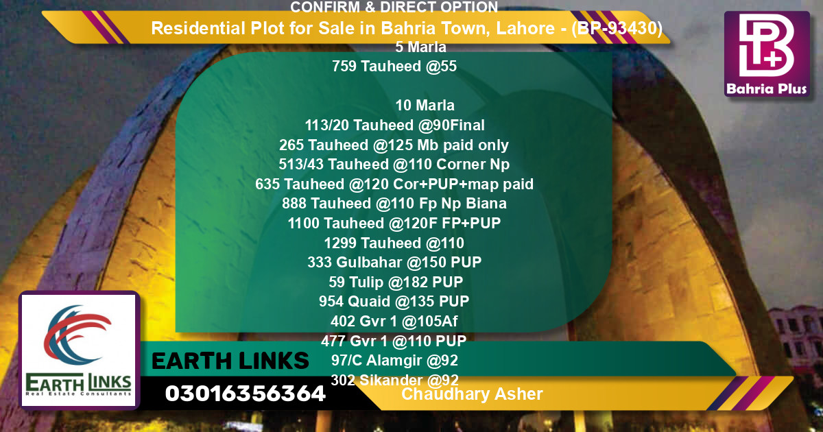 Residential Plot for Sale in Bahria Town, Lahore - (BP-93430)