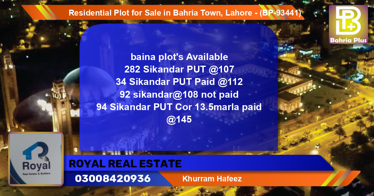 Residential Plot for Sale in Bahria Town, Lahore - (BP-93441)