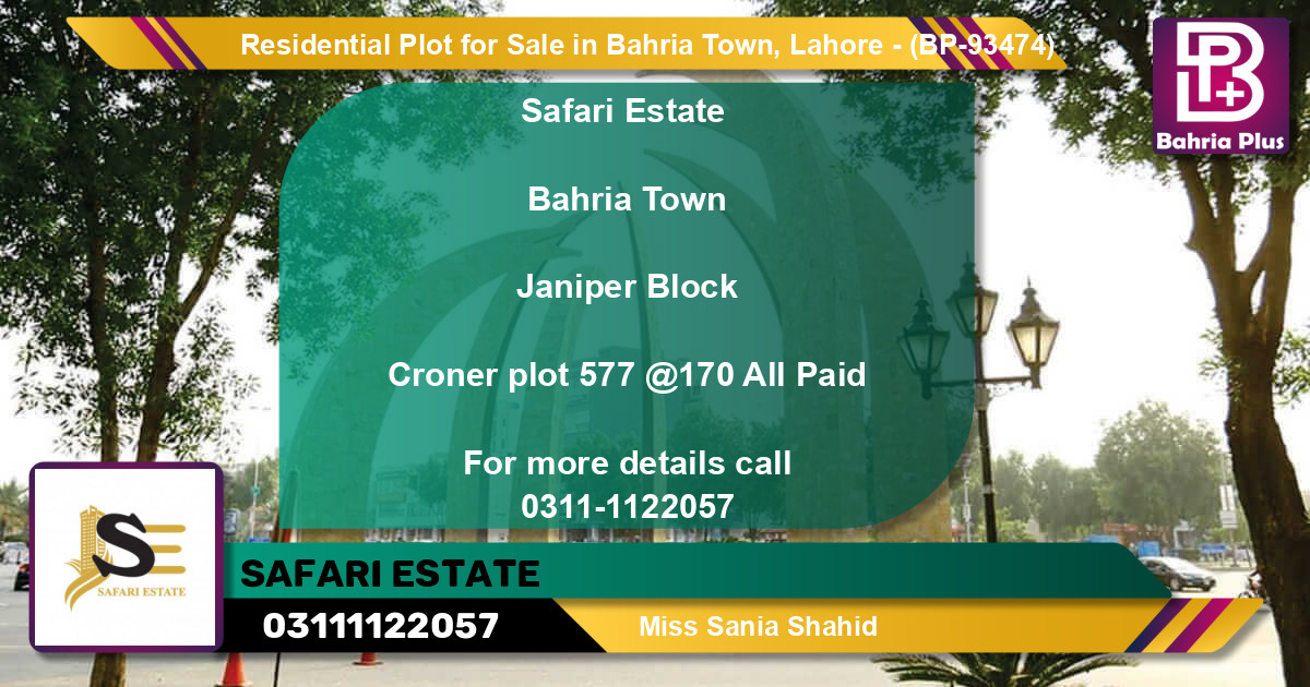 Residential Plot for Sale in Sector C - Janiper Block -  Bahria Town, Lahore - (BP-93474)